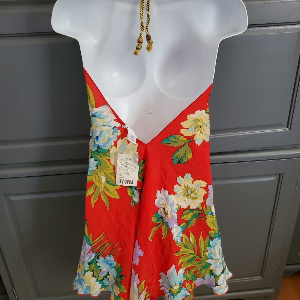 UO Silkysexy Halter floral Tunic Gold Rope tie Top/Mini Dress - Picture 10 of 12